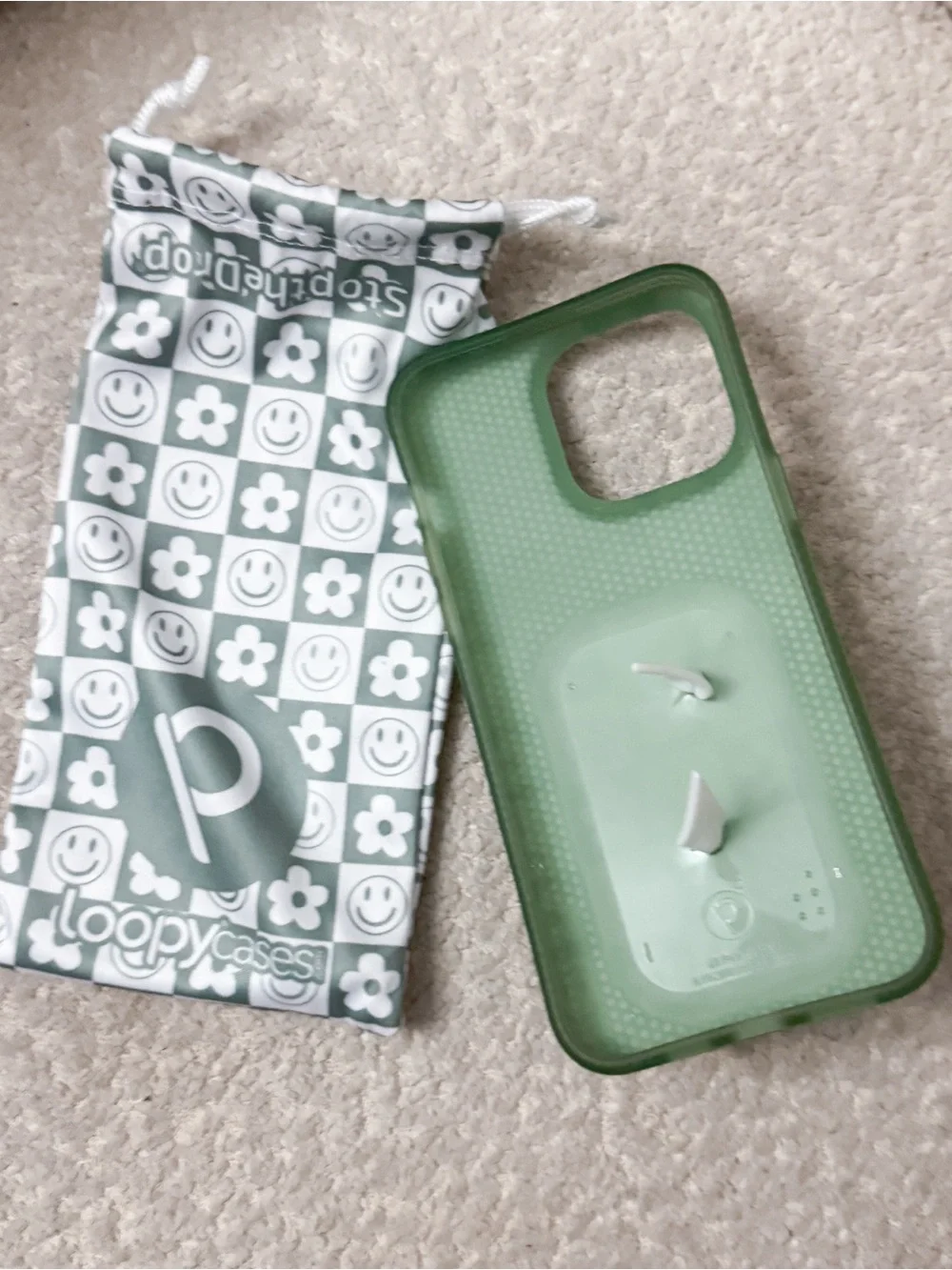 Loopy Sage Green & White Checker Smile + Flower iPhone 15 pro max case